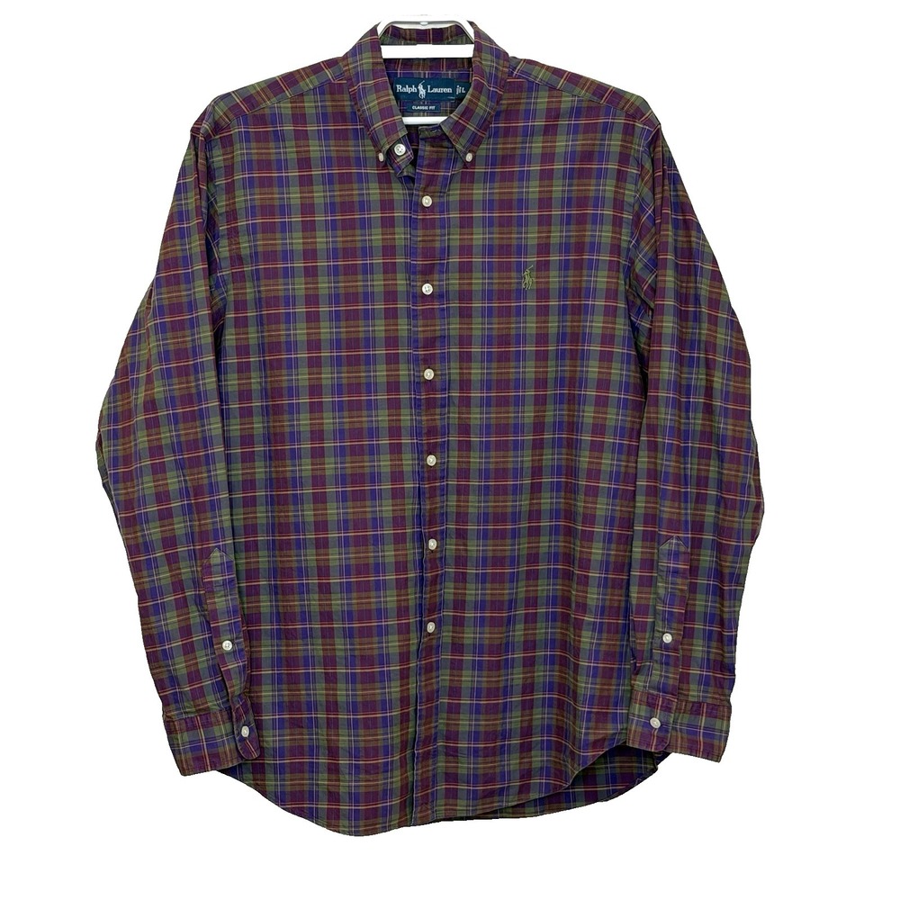 Ralph Lauren Classic Fit Shirt Mens Large Purple Plaid Long Sleeve Pony Logo